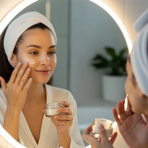 Mujer aplicando crema hidratante frente al espejo