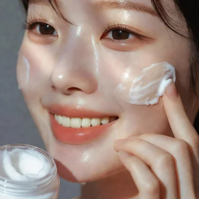 Aplicación de crema hidratante coreana en el rostro