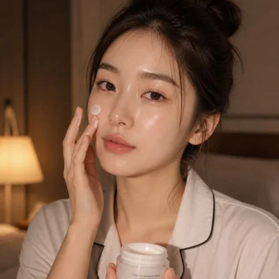 Rutina de noche aplicando crema facial