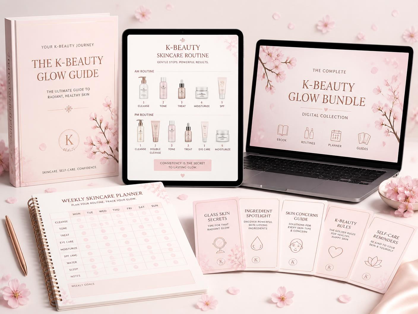 Conjunto digital completo: ebook, tablet, laptop, planificador y fichas de la Rutina K-Beauty